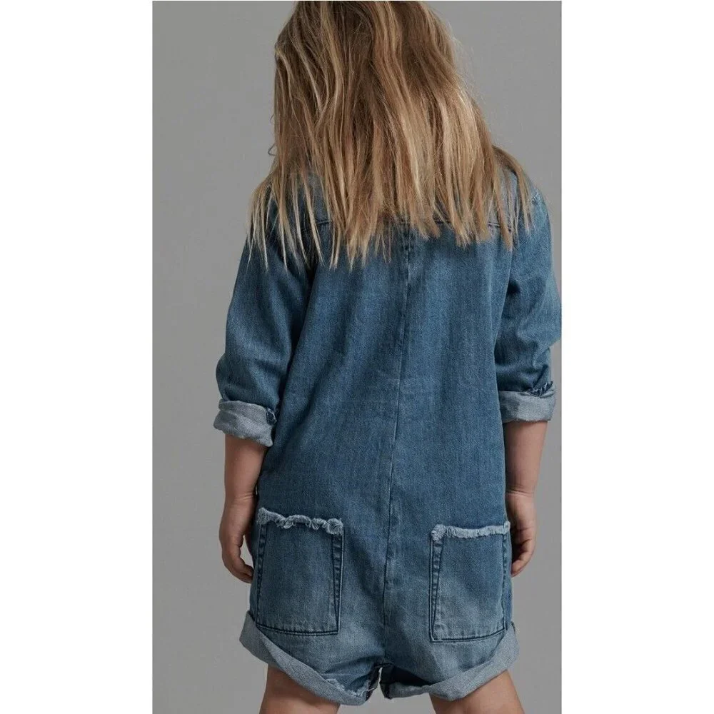 New One Teaspoon Ranch Denim Jumpsuit Girls Kids 5-6 Prophecy Blue Long Sleeve